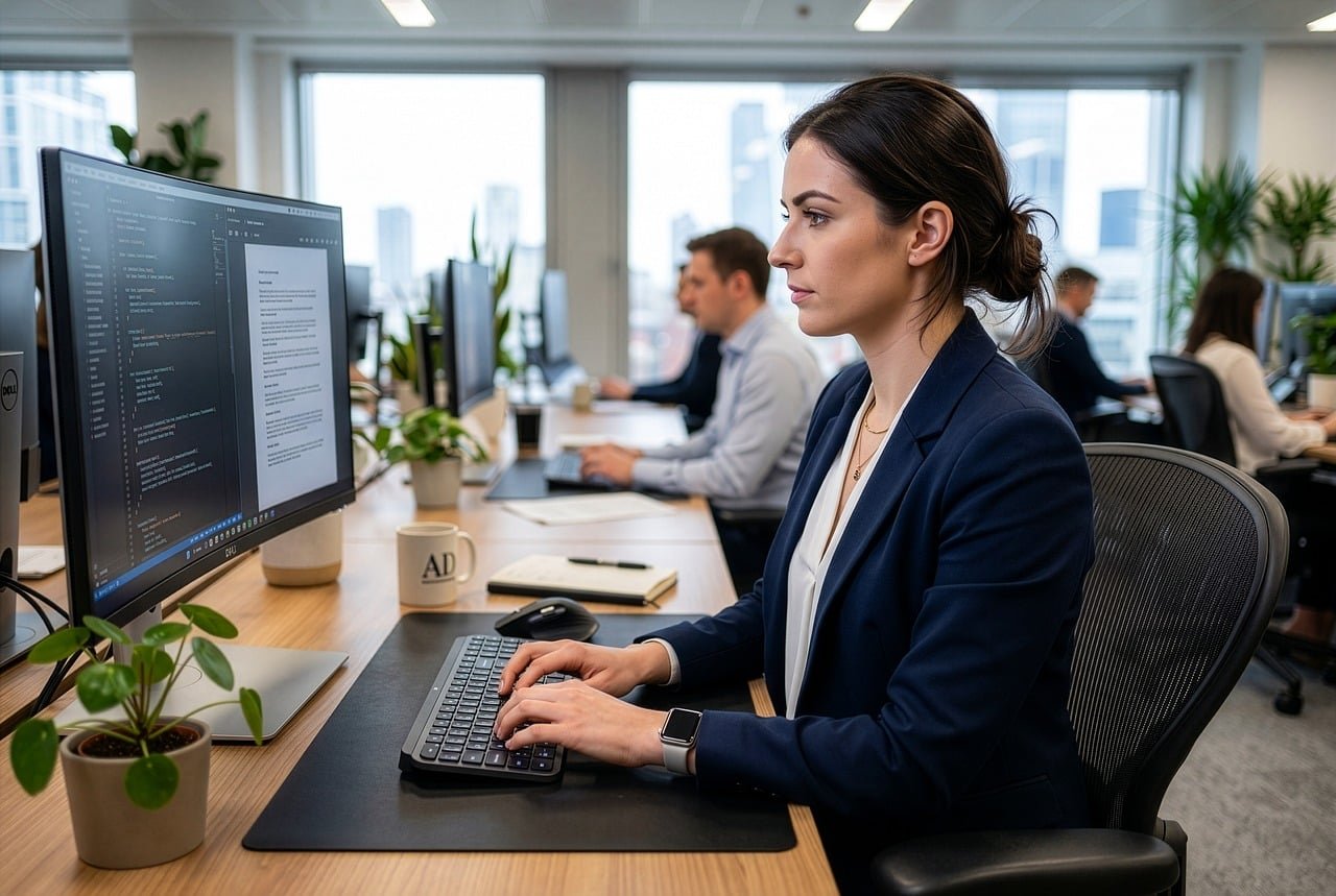 woman, computer, office, professional, work, keyboard, strategy, nature, colleague, plant, cup, team, notebook, productivity, businesswoman, design, management, meeting room, corporate, workplace